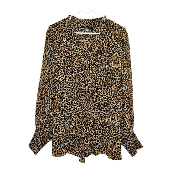 T Tahari Tops - T. Tahari Women Long Sleeve Leopard Print Ruffled Collar Button Down Blouse 3X